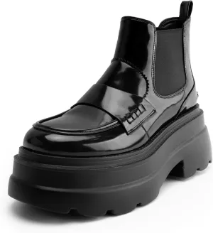 KaroNairy Platform Ankle Boots for Women Chelsea Boots Round Toe Chunky Heel Slip on Lug Sole Short Boots Black