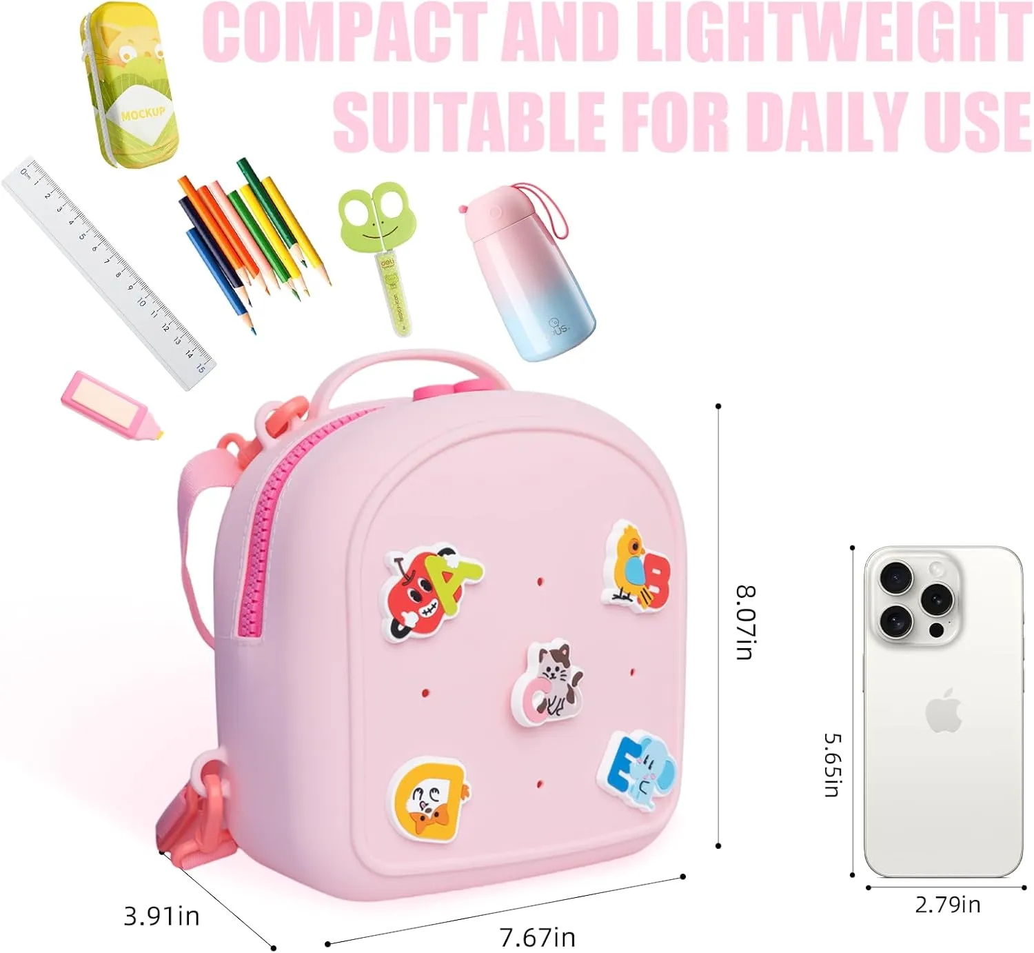 Kids Silicone Backpack, Water-Resistant Mini Travel Bag with Alphabet Badges for Toddlers 3-6, Skin-Friendly, Easy-to-Clean, Gift for girls(Pink)