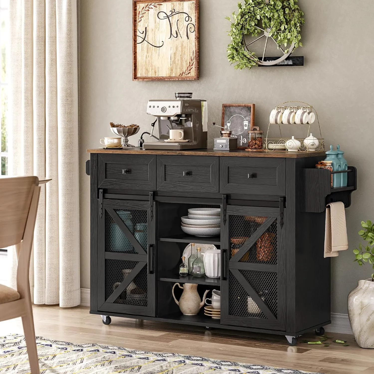 Kitchen Island with Storage, Kitchen Cart with Charging Station, Rolling Kitchen Island Table with Drop-Leaf, 3 Drawers, Barn Doors, Towel Rack and Spice Rack, Black and Rustic Brown