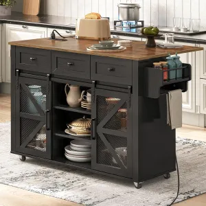 Kitchen Island with Storage, Kitchen Cart with Charging Station, Rolling Kitchen Island Table with Drop-Leaf, 3 Drawers, Barn Doors, Towel Rack and Spice Rack, Black and Rustic Brown
