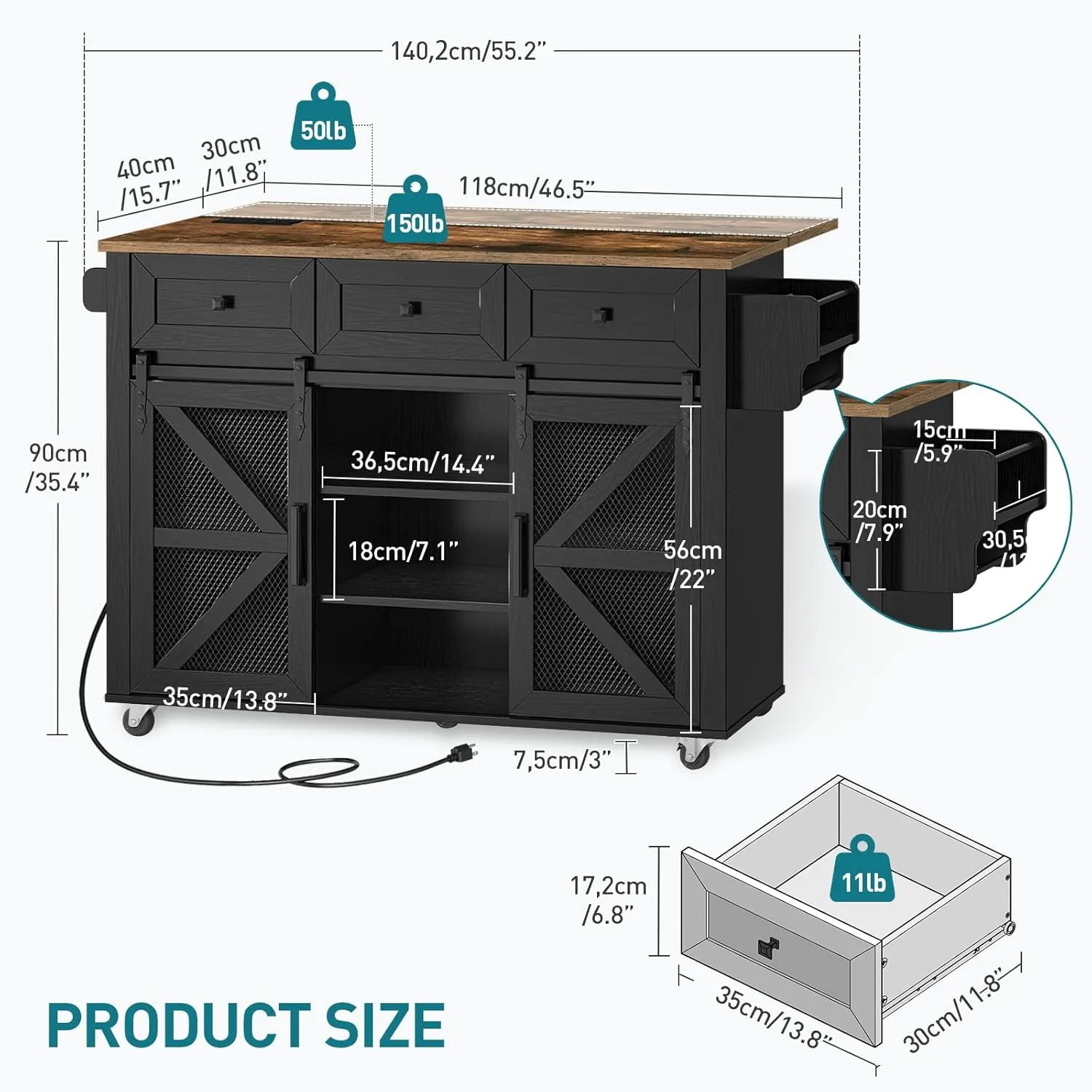 Kitchen Island with Storage, Kitchen Cart with Charging Station, Rolling Kitchen Island Table with Drop-Leaf, 3 Drawers, Barn Doors, Towel Rack and Spice Rack, Black and Rustic Brown