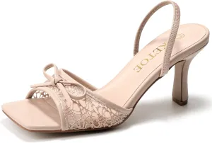 Kitten Heels for Women Square Toe Mesh Sandals Bow Knots Heels Open Toe Sandals for Women Comfortable Dressy Shoes for Wedding Party