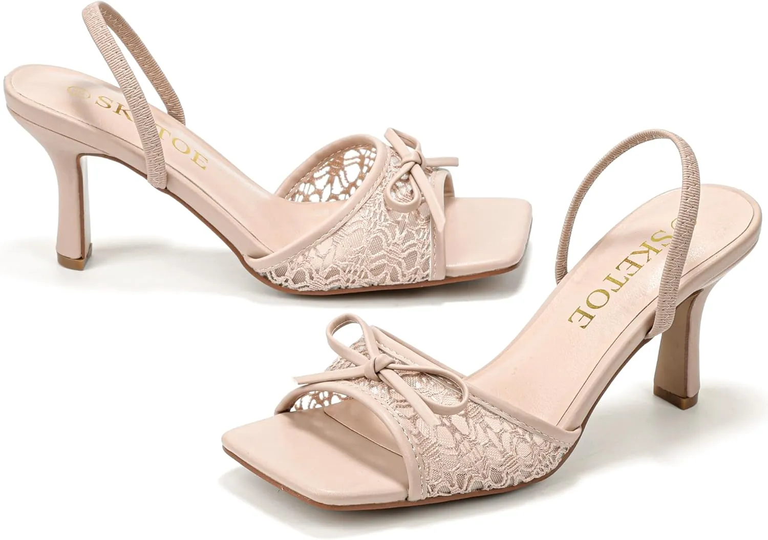 Kitten Heels for Women Square Toe Mesh Sandals Bow Knots Heels Open Toe Sandals for Women Comfortable Dressy Shoes for Wedding Party
