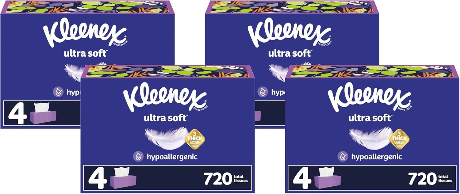 Kleenex Ultra Soft Facial Tissues, 4 Flat Boxes, 180 Tissues per Box, 3-Ply, Packaging May Vary (Pack of 4)