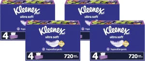 Kleenex Ultra Soft Facial Tissues, 4 Flat Boxes, 180 Tissues per Box, 3-Ply, Packaging May Vary (Pack of 4)