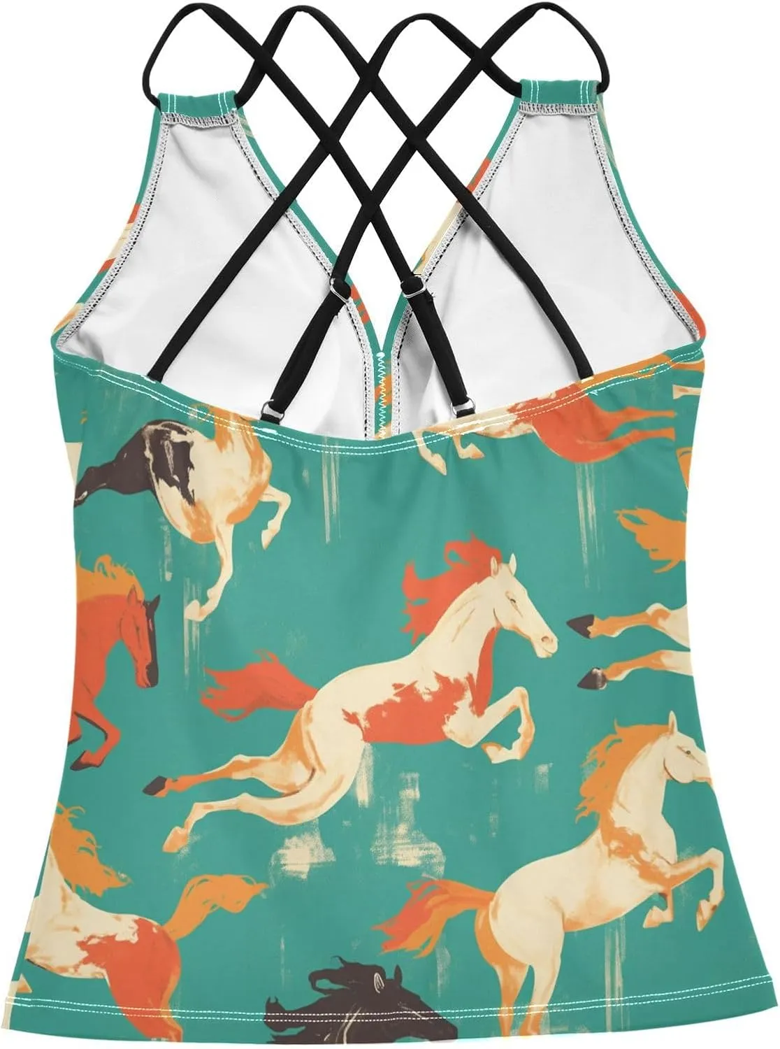KLL Seamless Pattern Horse Flat Style Womens Tankini Top Beach V Neck Swimsuit Tank Tops