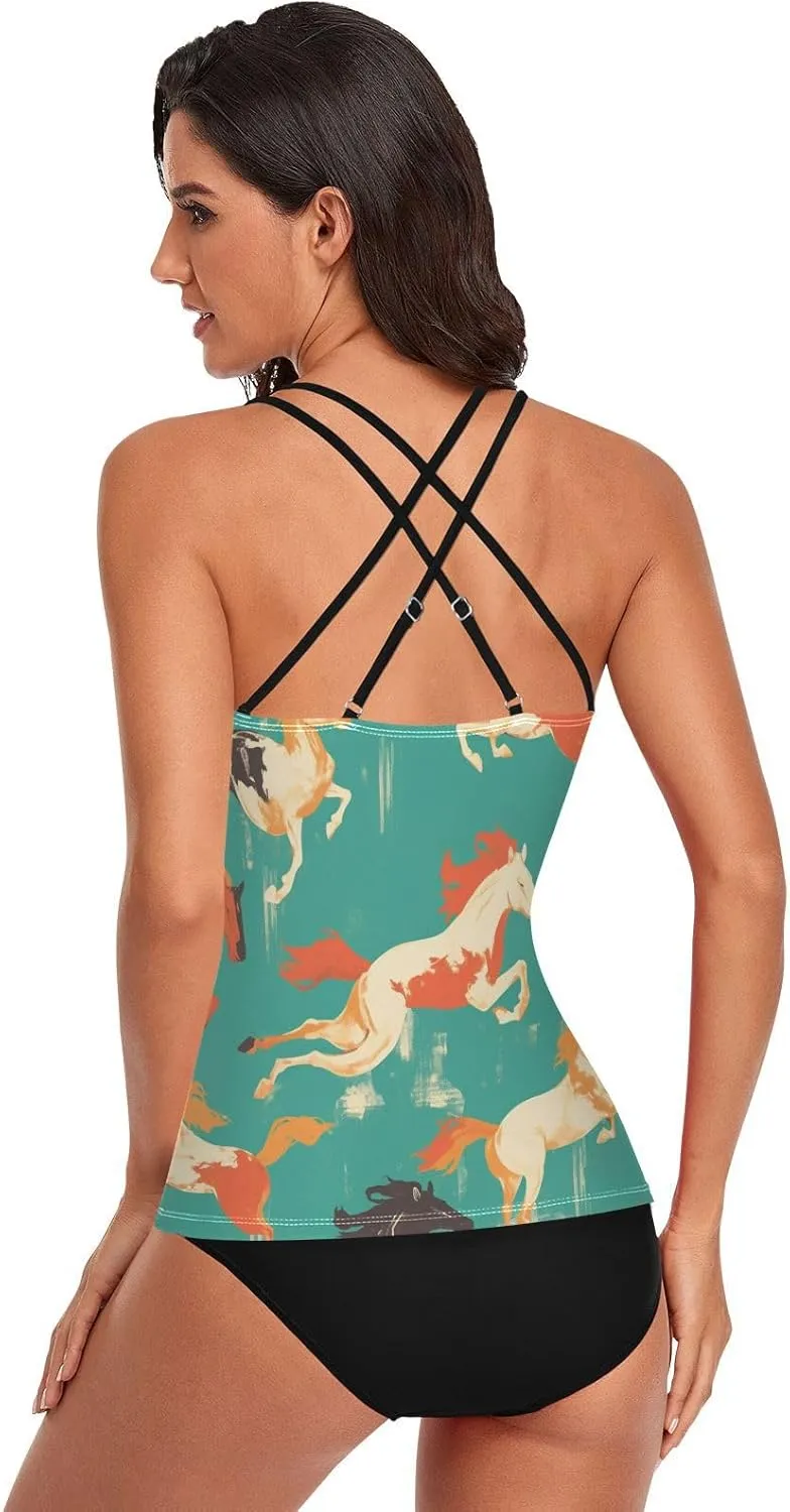 KLL Seamless Pattern Horse Flat Style Womens Tankini Top Beach V Neck Swimsuit Tank Tops