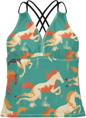 KLL Seamless Pattern Horse Flat Style Womens Tankini Top Beach V Neck Swimsuit Tank Tops