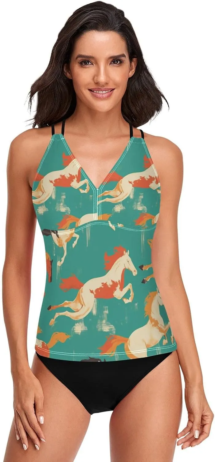 KLL Seamless Pattern Horse Flat Style Womens Tankini Top Beach V Neck Swimsuit Tank Tops