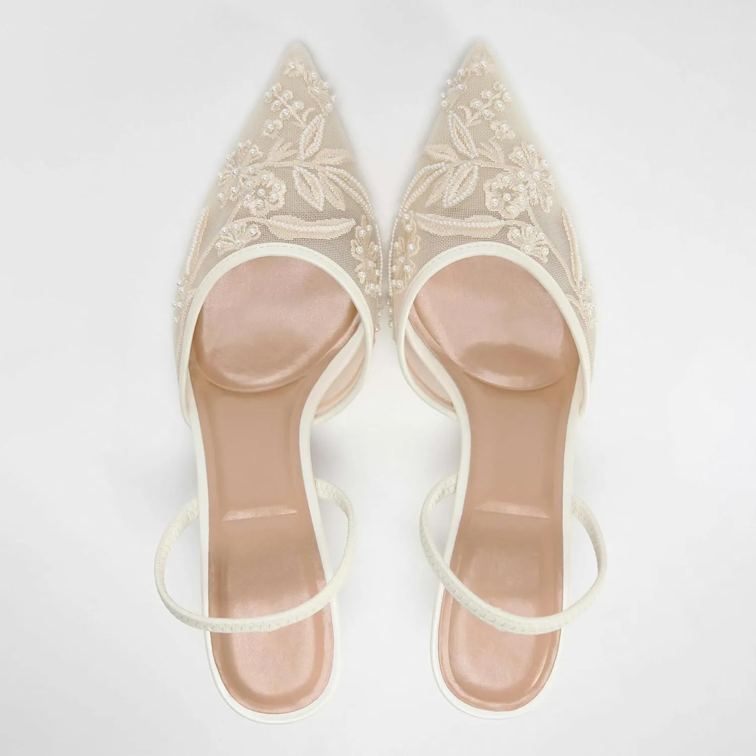 Kluolandi Women's Embroidered Slingback Kitten Heels with Pearls Breathable Mesh Pointed Toe Pumps Low Heel Slip On Dress Shoes