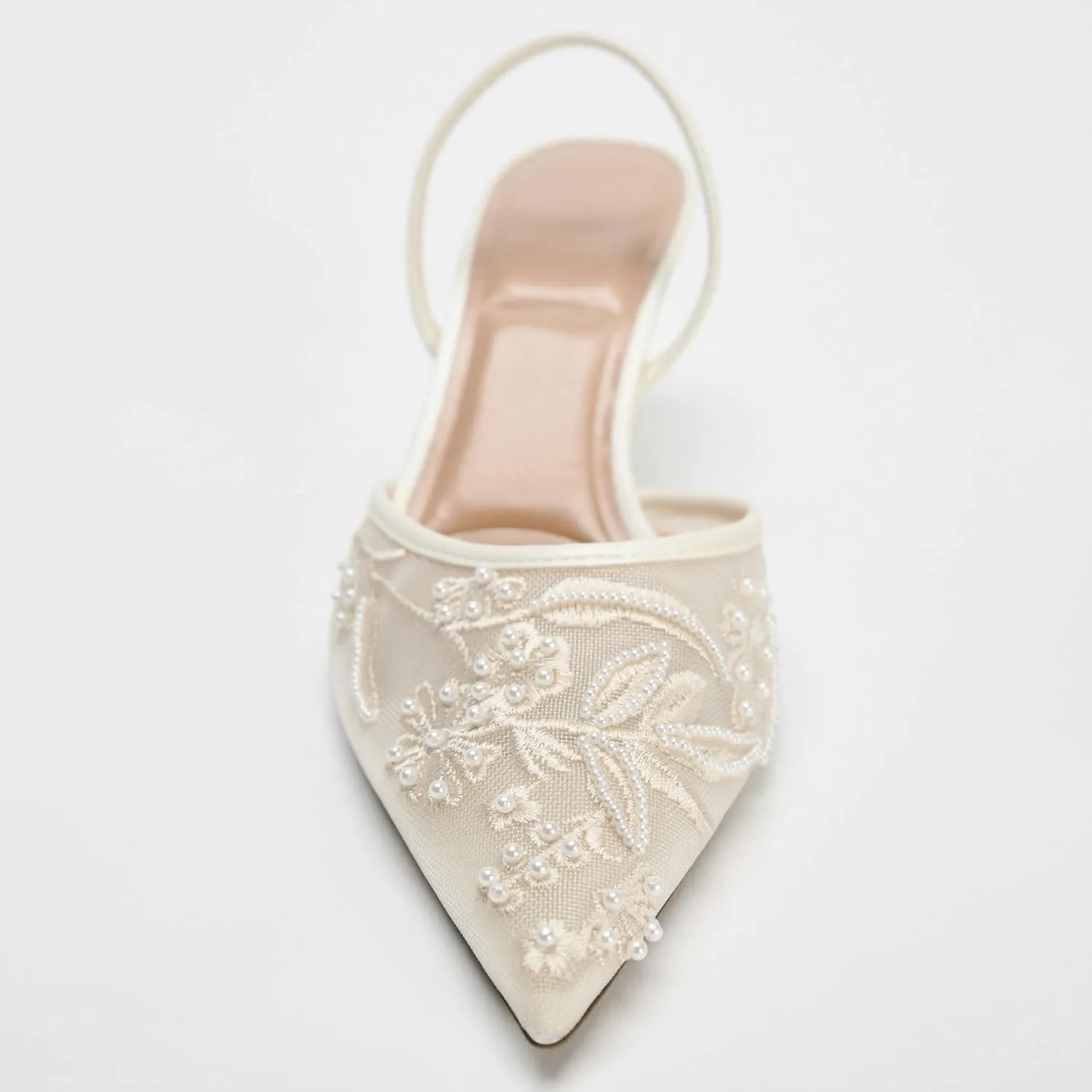 Kluolandi Women's Embroidered Slingback Kitten Heels with Pearls Breathable Mesh Pointed Toe Pumps Low Heel Slip On Dress Shoes