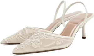 Kluolandi Women's Embroidered Slingback Kitten Heels with Pearls Breathable Mesh Pointed Toe Pumps Low Heel Slip On Dress Shoes