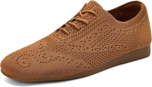 konhill Women's Lace-up Oxfords Flats Classic Knit Brogue Dress Walking Shoes Casual Sneakers