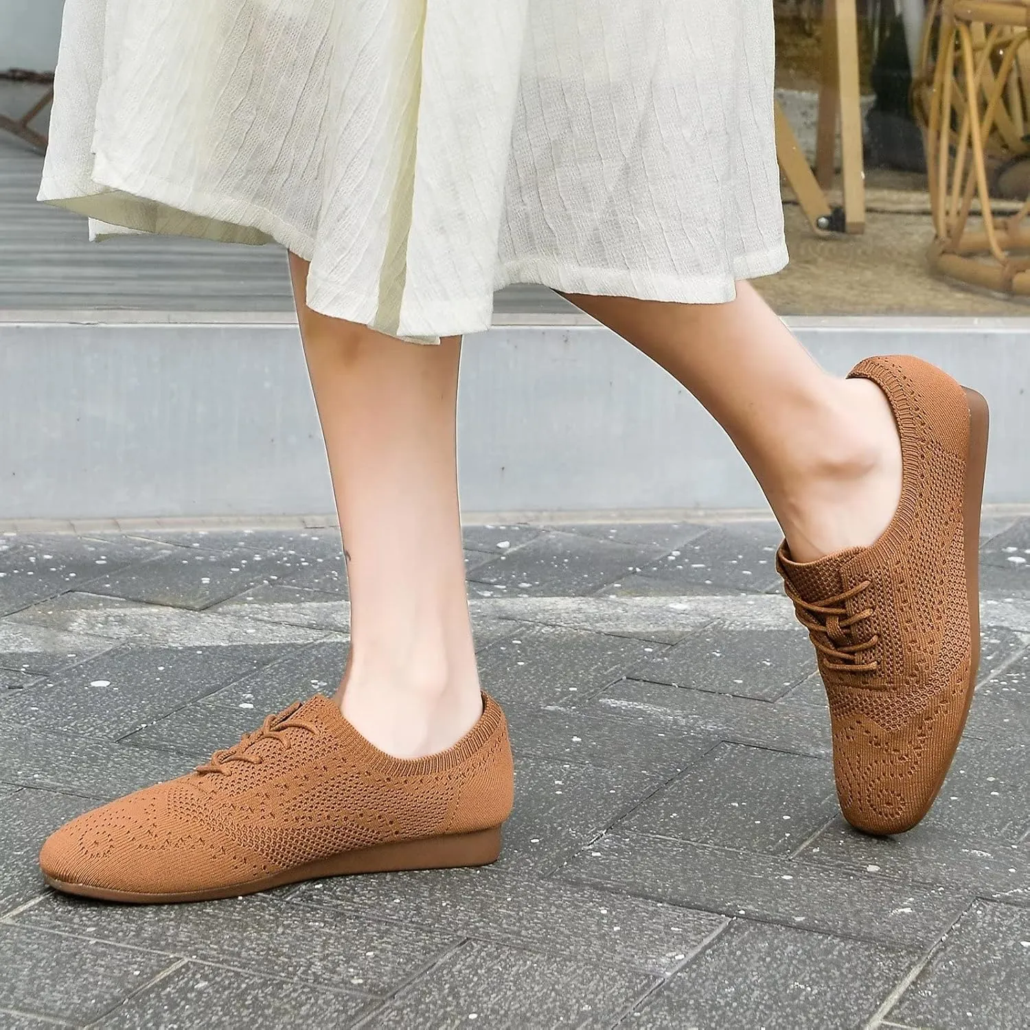 konhill Women's Lace-up Oxfords Flats Classic Knit Brogue Dress Walking Shoes Casual Sneakers
