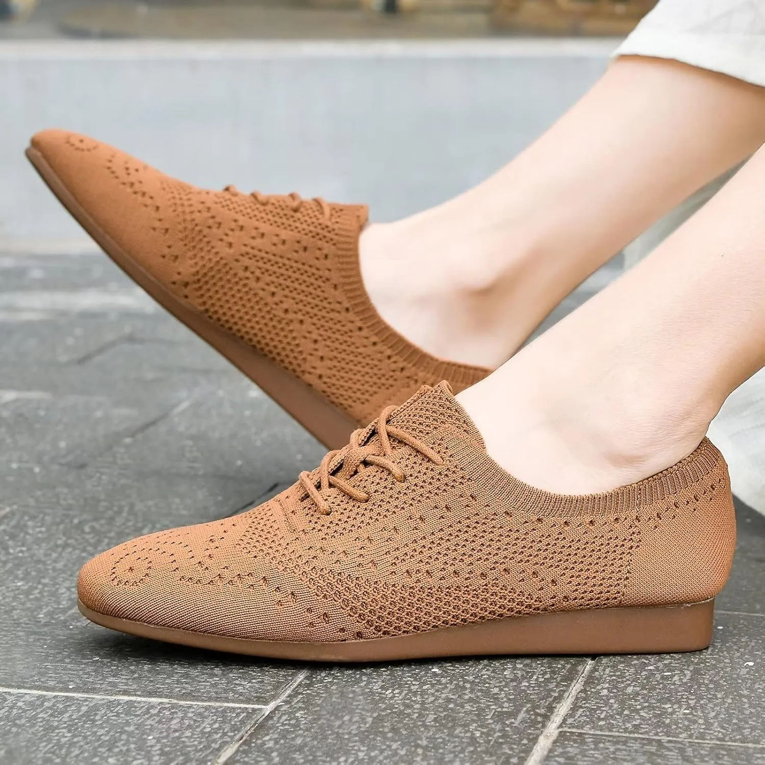 konhill Women's Lace-up Oxfords Flats Classic Knit Brogue Dress Walking Shoes Casual Sneakers