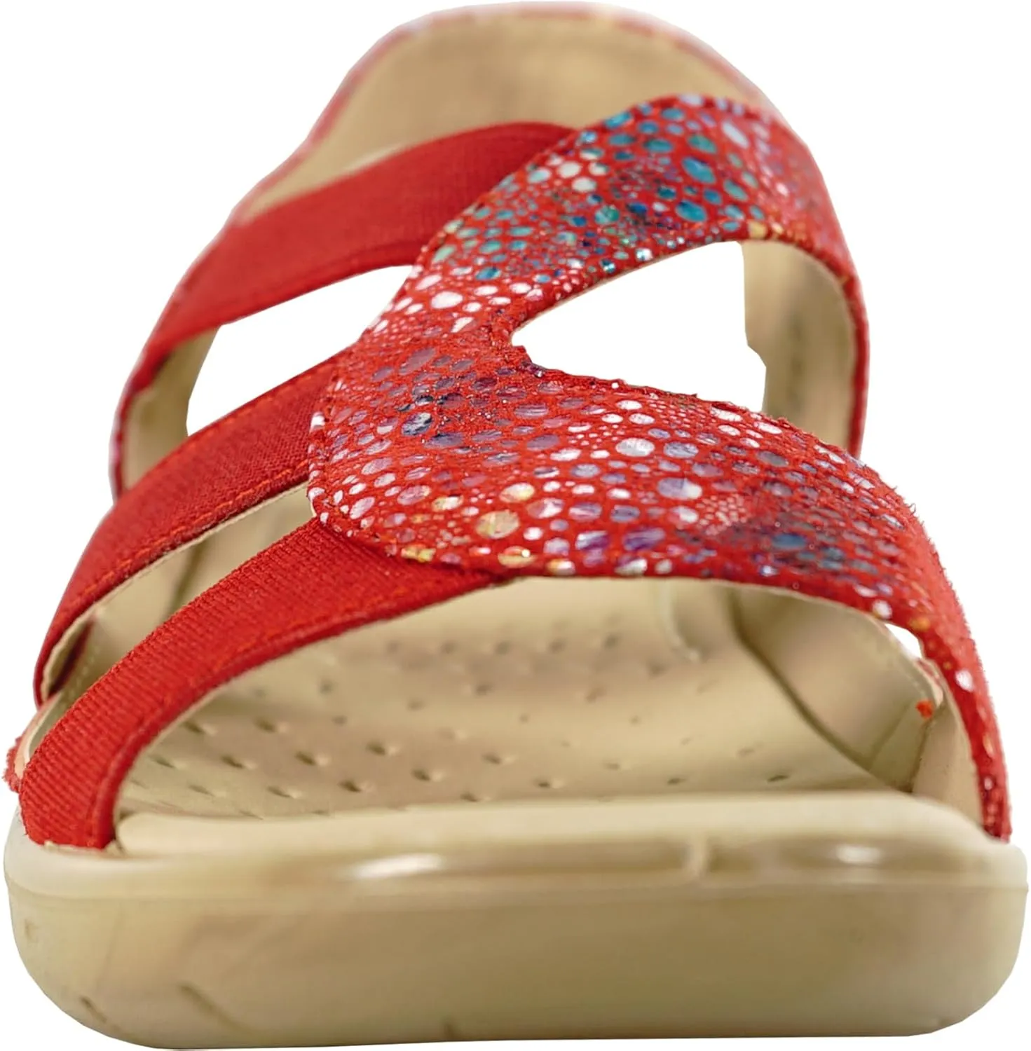 KOZI Women Comfort Casual Wedge Sandal Slip-On Loafer OY3132 Elasticized Band Open Round Toe Black Flower Navy Red White