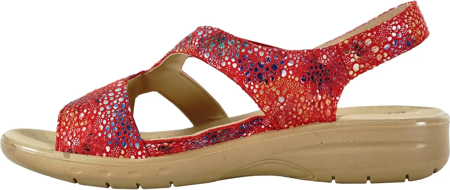 KOZI Women Comfort Casual Wedge Sandal Slip-On Loafer OY3132 Elasticized Band Open Round Toe Black Flower Navy Red White