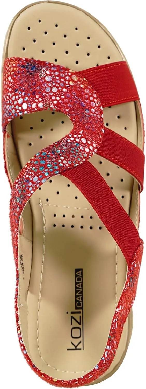 KOZI Women Comfort Casual Wedge Sandal Slip-On Loafer OY3132 Elasticized Band Open Round Toe Black Flower Navy Red White