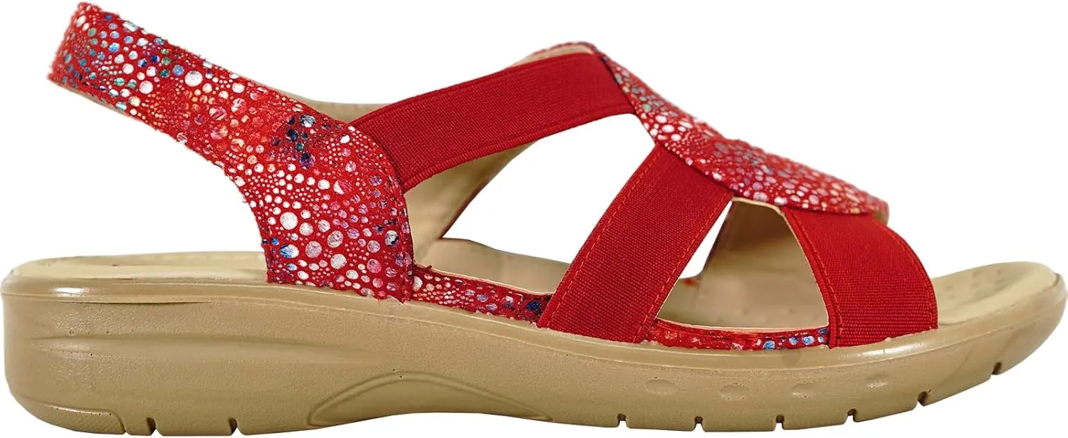 KOZI Women Comfort Casual Wedge Sandal Slip-On Loafer OY3132 Elasticized Band Open Round Toe Black Flower Navy Red White