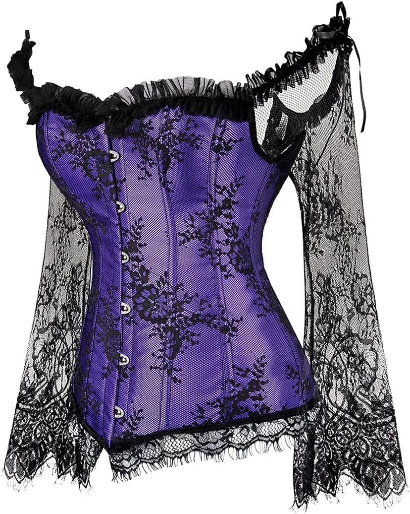 Kranchungel Corsets for Women Victorian Off Shoulder Overbust Corset Lace Long Sleeves Bustier