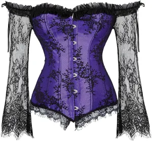 Kranchungel Corsets for Women Victorian Off Shoulder Overbust Corset Lace Long Sleeves Bustier