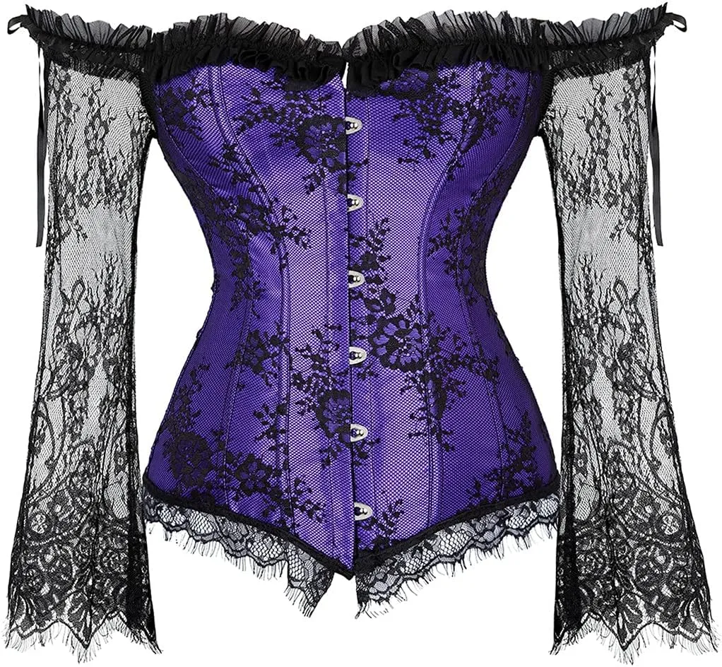 Kranchungel Corsets for Women Victorian Off Shoulder Overbust Corset Lace Long Sleeves Bustier