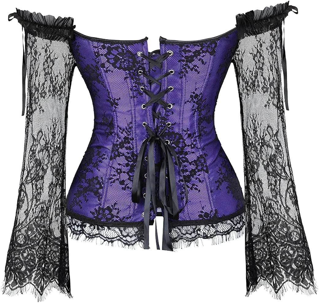 Kranchungel Corsets for Women Victorian Off Shoulder Overbust Corset Lace Long Sleeves Bustier