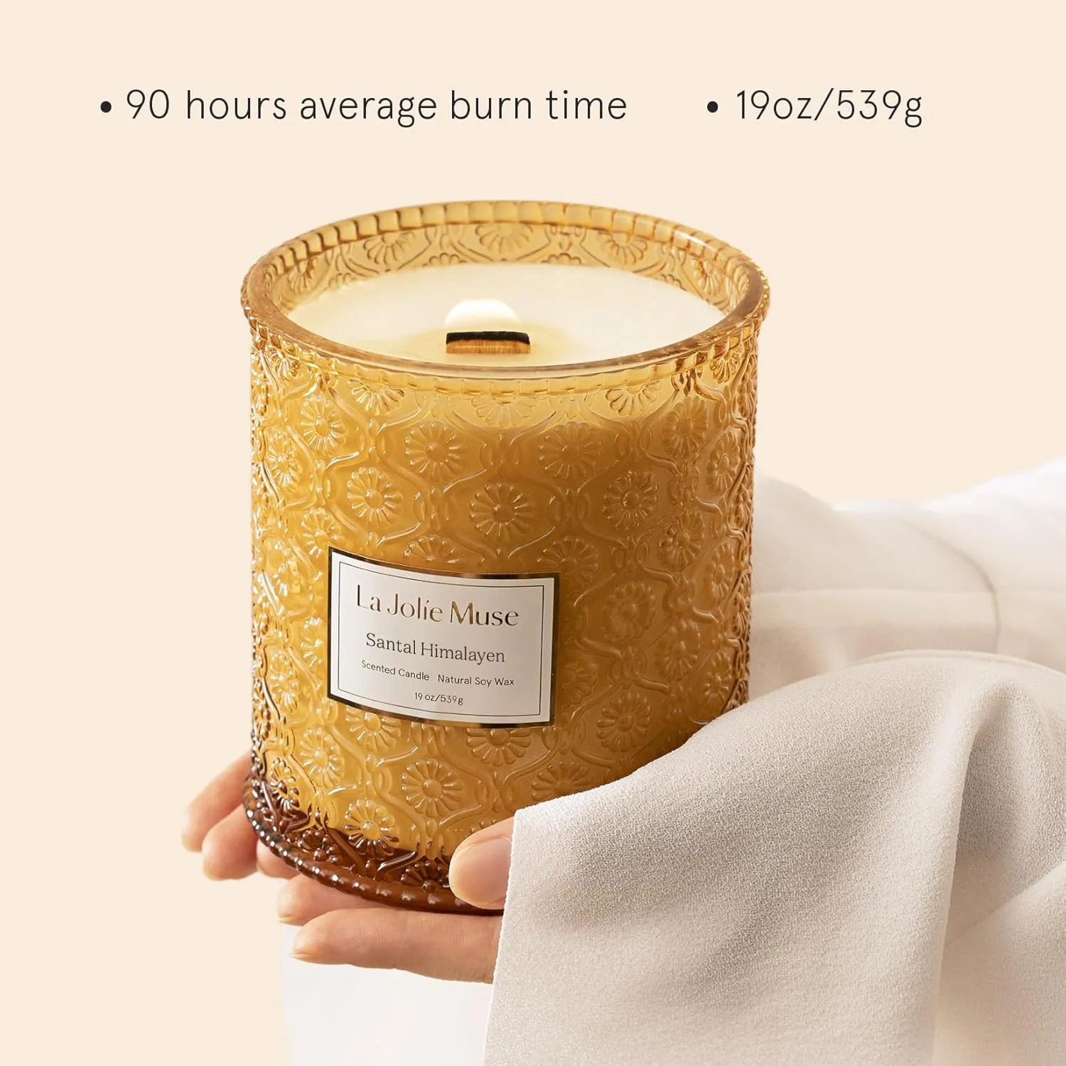 LA JOLIE MUSE Sandalwood Candle, 19 oz Wood Wicked Large Candles for Home Scented, Scented Candle Gifts for Men&Women, Long Burning Glass Jar Candles, Santal Himalayen