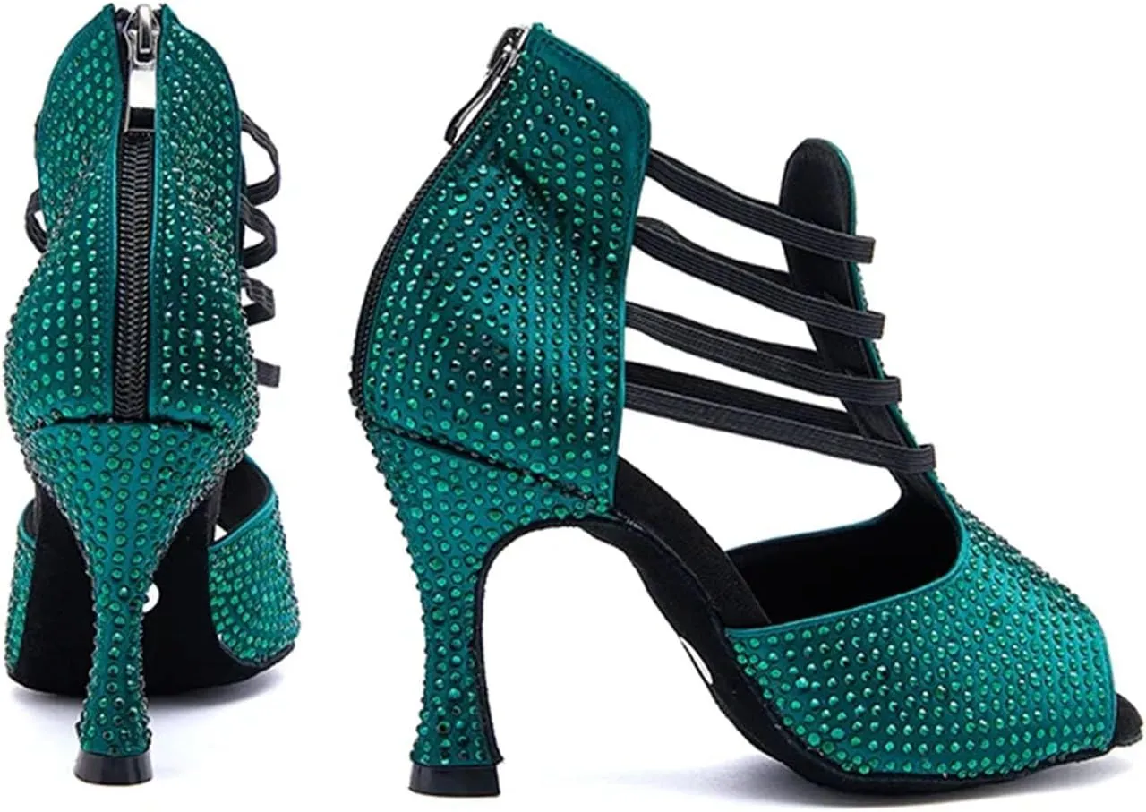 Ladies Onyx Velvet Evening Sandals - Soft Sole Design with Crystal Laces for Midnight Events (8CM/3.15")