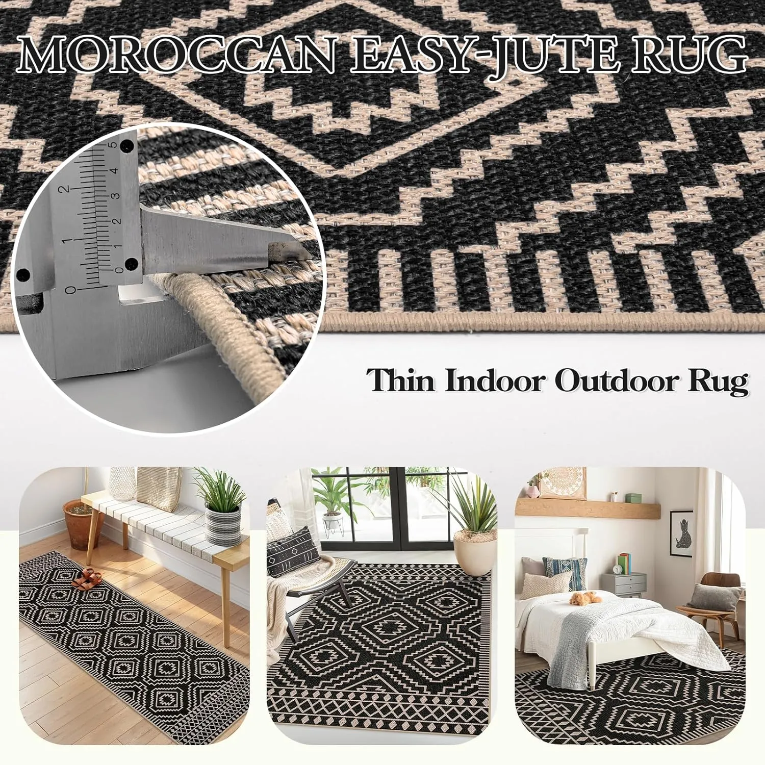 Lahome Moroccan Easy Jute Runner Rug, 2x8 Washable Hallway Kitchen Runner Black Outdoor Runner Rug with Rubber Backing, Farmhouse Indoor Outdoor Carpet Runners for Hallway 8ft Entryway Porch