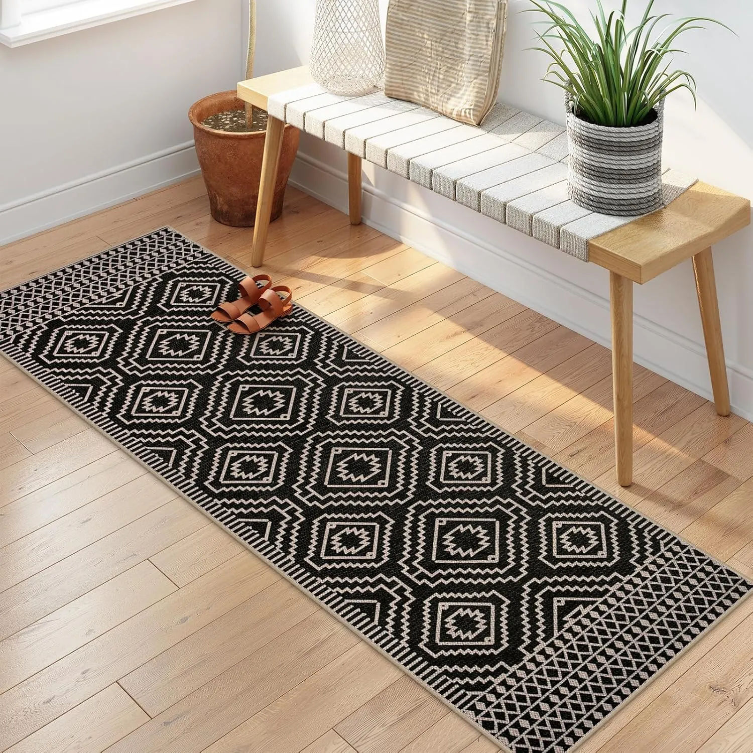 Lahome Moroccan Easy Jute Runner Rug, 2x8 Washable Hallway Kitchen Runner Black Outdoor Runner Rug with Rubber Backing, Farmhouse Indoor Outdoor Carpet Runners for Hallway 8ft Entryway Porch