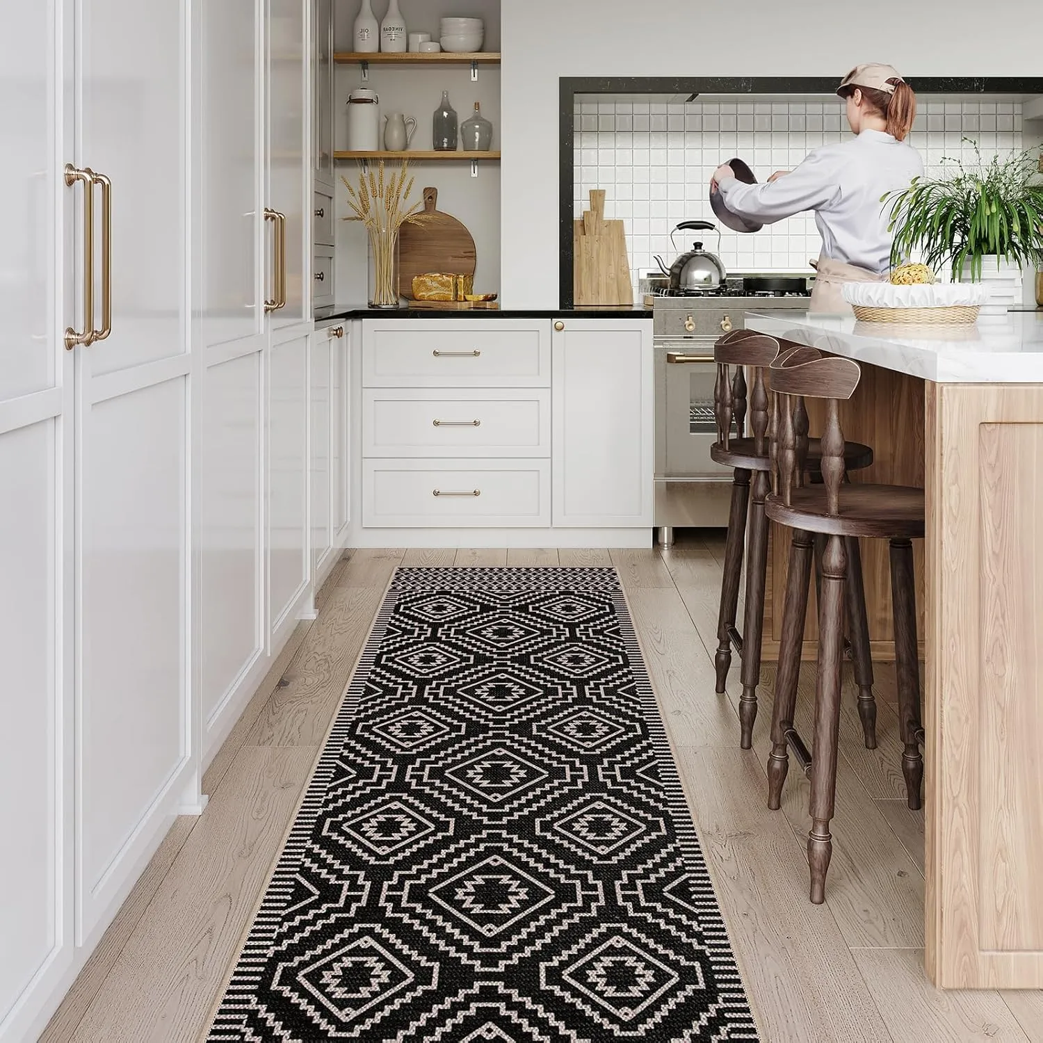 Lahome Moroccan Easy Jute Runner Rug, 2x8 Washable Hallway Kitchen Runner Black Outdoor Runner Rug with Rubber Backing, Farmhouse Indoor Outdoor Carpet Runners for Hallway 8ft Entryway Porch