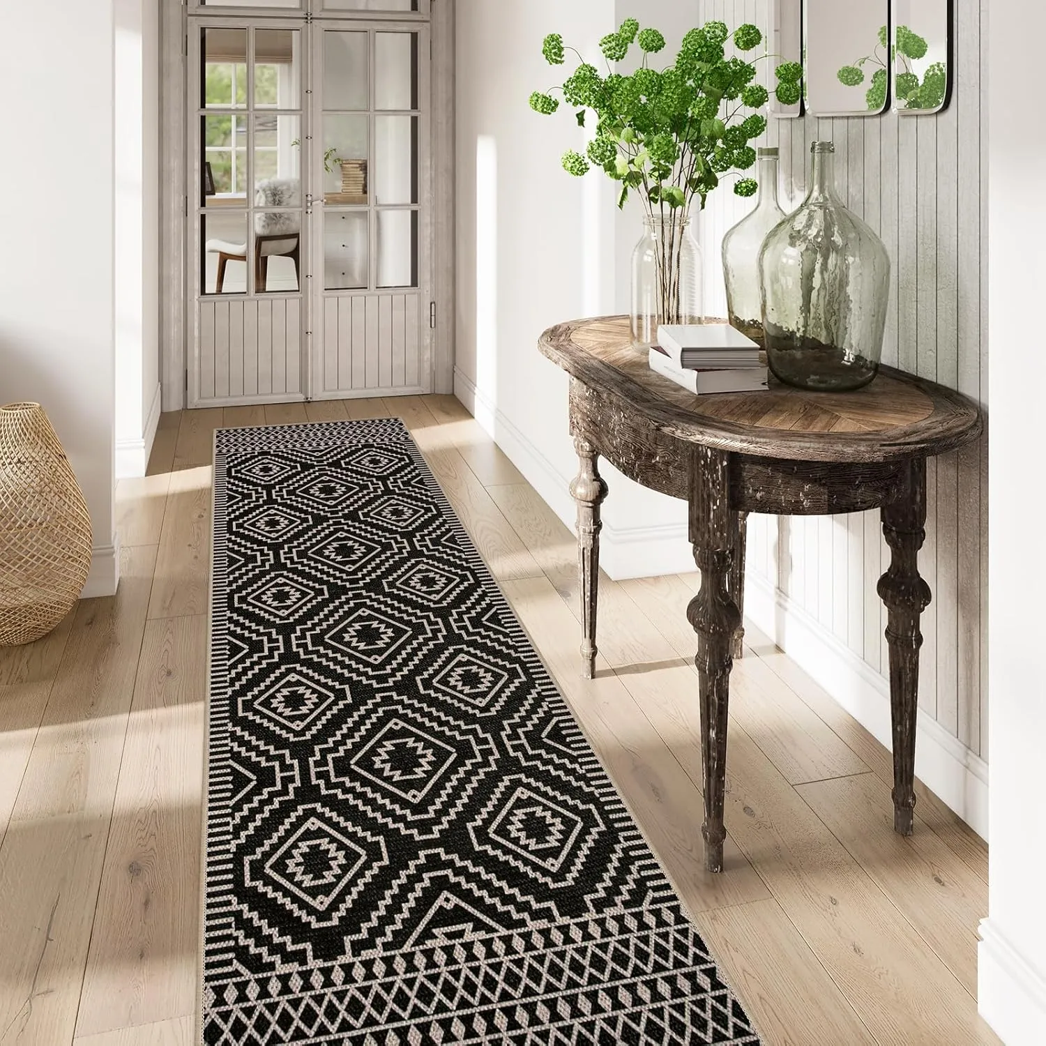 Lahome Moroccan Easy Jute Runner Rug, 2x8 Washable Hallway Kitchen Runner Black Outdoor Runner Rug with Rubber Backing, Farmhouse Indoor Outdoor Carpet Runners for Hallway 8ft Entryway Porch