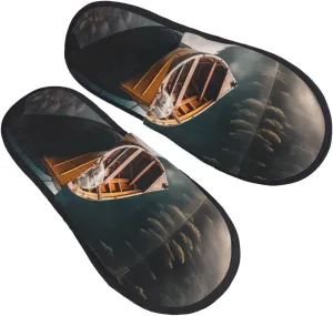 Lakeside Boat Women's Slippers Fuzzy Slip-on Slippers Non-slip House Slippers Warm Cozy Bedroom Shoes