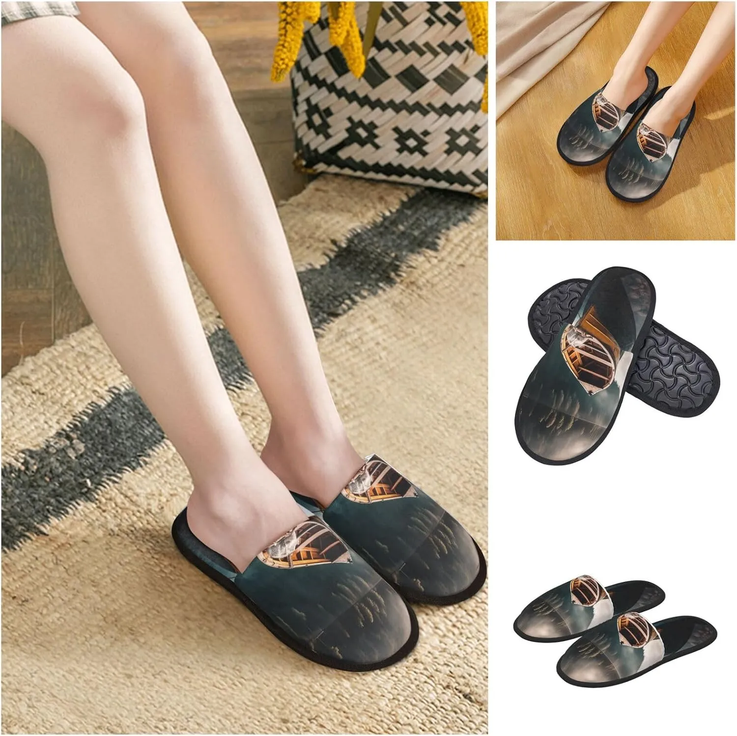 Lakeside Boat Women's Slippers Fuzzy Slip-on Slippers Non-slip House Slippers Warm Cozy Bedroom Shoes