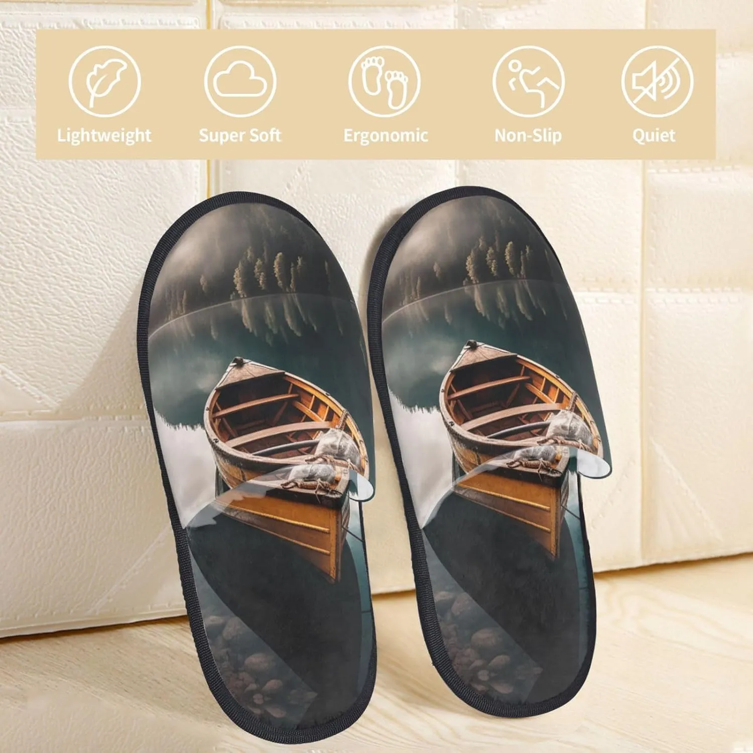 Lakeside Boat Women's Slippers Fuzzy Slip-on Slippers Non-slip House Slippers Warm Cozy Bedroom Shoes