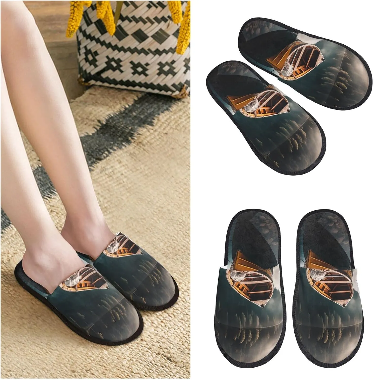 Lakeside Boat Women's Slippers Fuzzy Slip-on Slippers Non-slip House Slippers Warm Cozy Bedroom Shoes