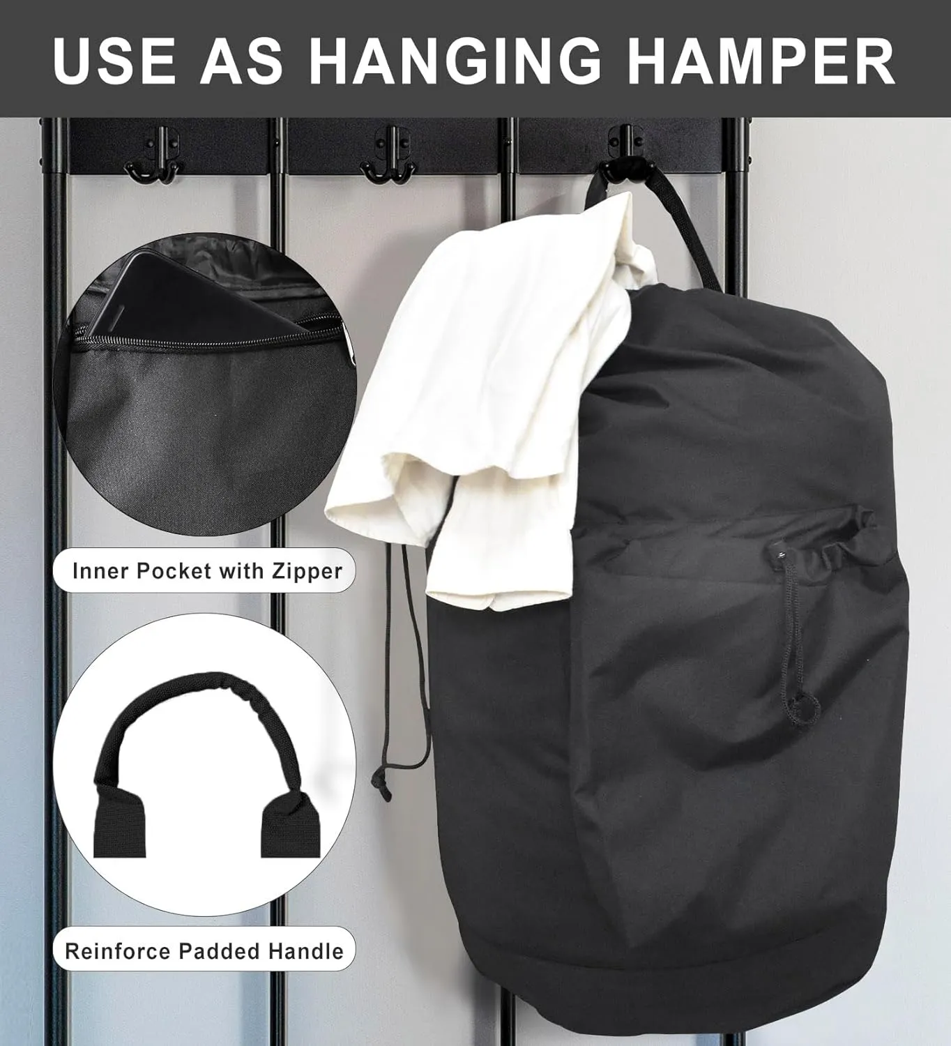 Laundry Bag Backpack for College Dorm, Extra Large Travel Laundry Bags, Easy Carry Dirty Clothes Hamper Bag with Shoulder Straps, College Dorm Room Essentials (Black)
