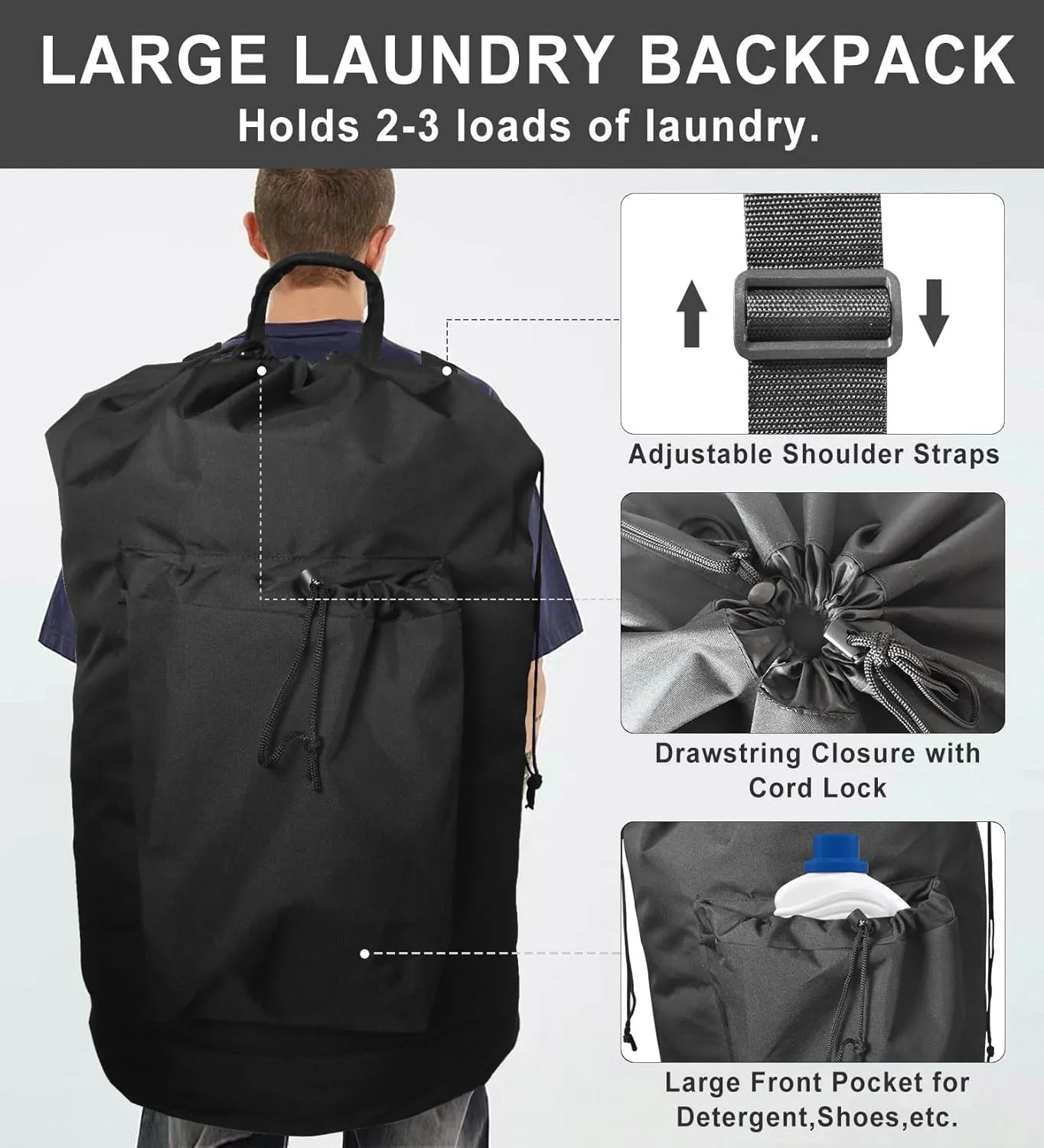 Laundry Bag Backpack for College Dorm, Extra Large Travel Laundry Bags, Easy Carry Dirty Clothes Hamper Bag with Shoulder Straps, College Dorm Room Essentials (Black)