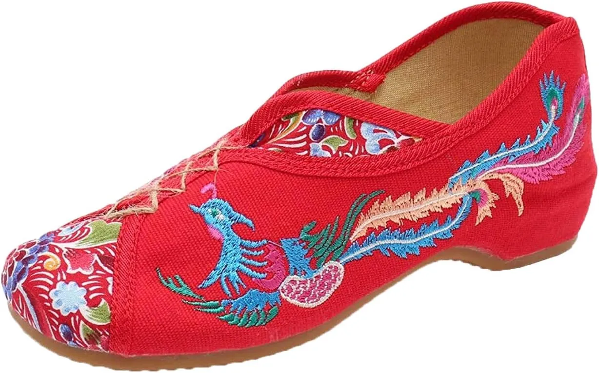 Lazutom Women Lady Vintage Chinese Style Embroidery Slip-On Cheongsam Walking Shoes