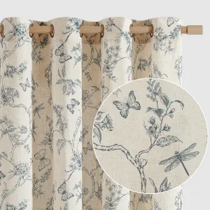 Lazzzy Linen Farmhouse Curtains Blue Floral Curtains 63 Inch Length Drapes for Living Room Bedroom Pattern Light Filtering Country Vintage Curtain Grommet Top, 2 Panels, Blue on Beige