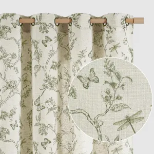 Lazzzy Linen Farmhouse Curtains Green Floral Curtains 63 Inch Length Drapes for Living Room Bedroom Pattern Light Filtering Country Vintage Curtain Grommet Top, 2 Panels, Green on Beige
