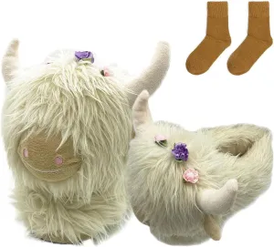 LELEBEAR Highland Cow Plush Scottish Cow Slippers, Soft Warm Animal Home Indoor Slippers