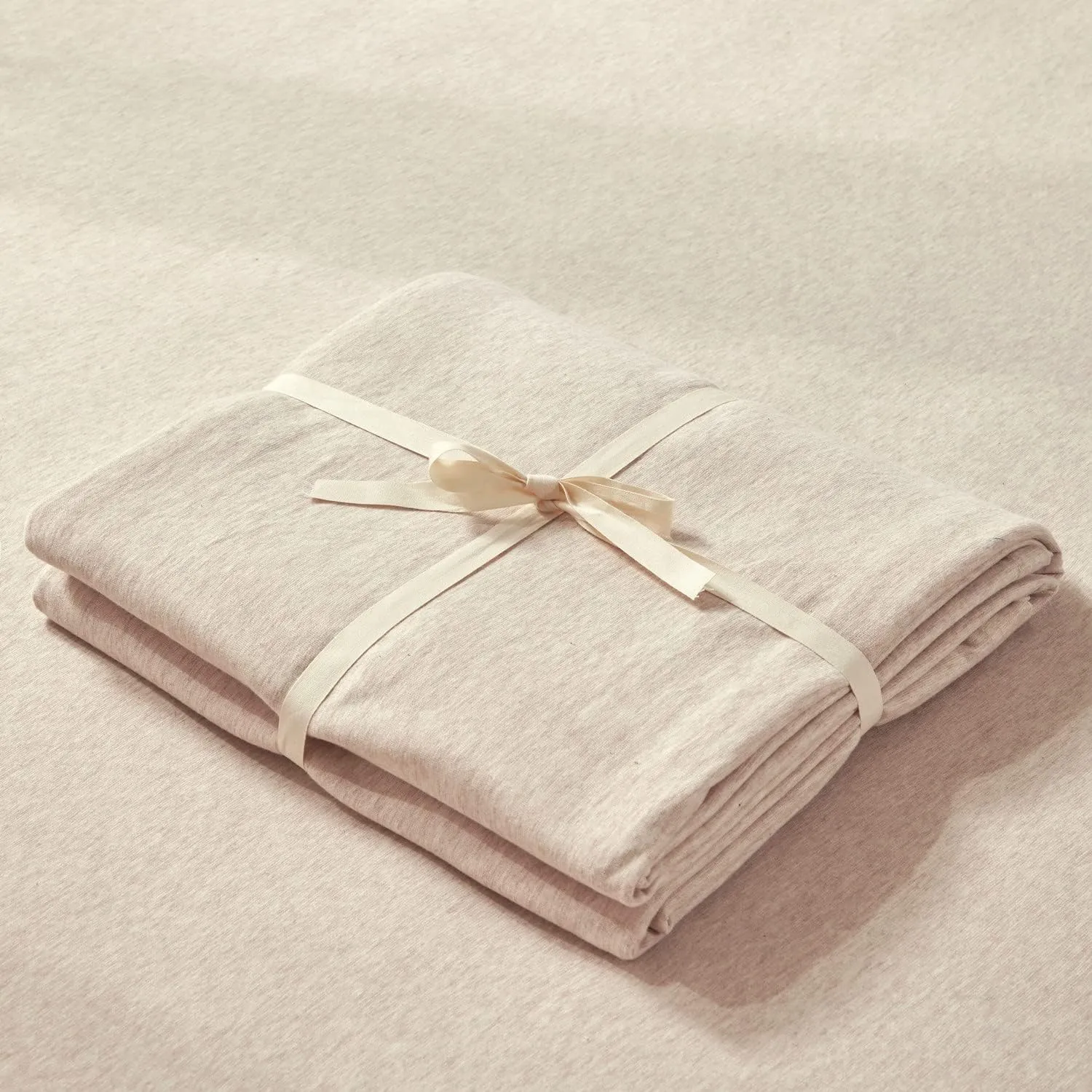LIFETOWN 100% Jersey Knit Cotton Bed Sheet Ultra Soft T-Shirt Feel Bedding Sheet 1 Piece Flat Sheet Breathable Wrinkle-Free (Heathered Oatmeal Beige, Queen)