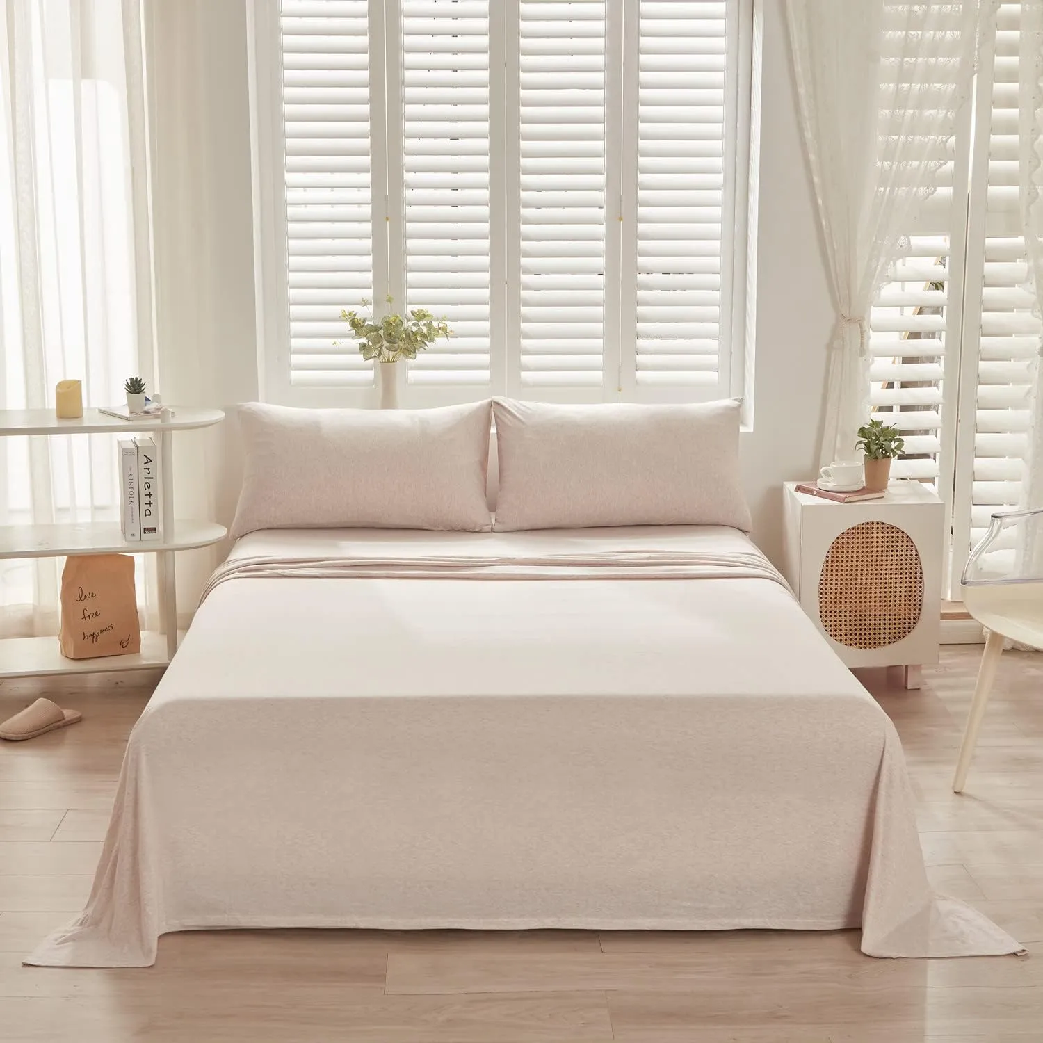 LIFETOWN 100% Jersey Knit Cotton Bed Sheet Ultra Soft T-Shirt Feel Bedding Sheet 1 Piece Flat Sheet Breathable Wrinkle-Free (Heathered Oatmeal Beige, Queen)