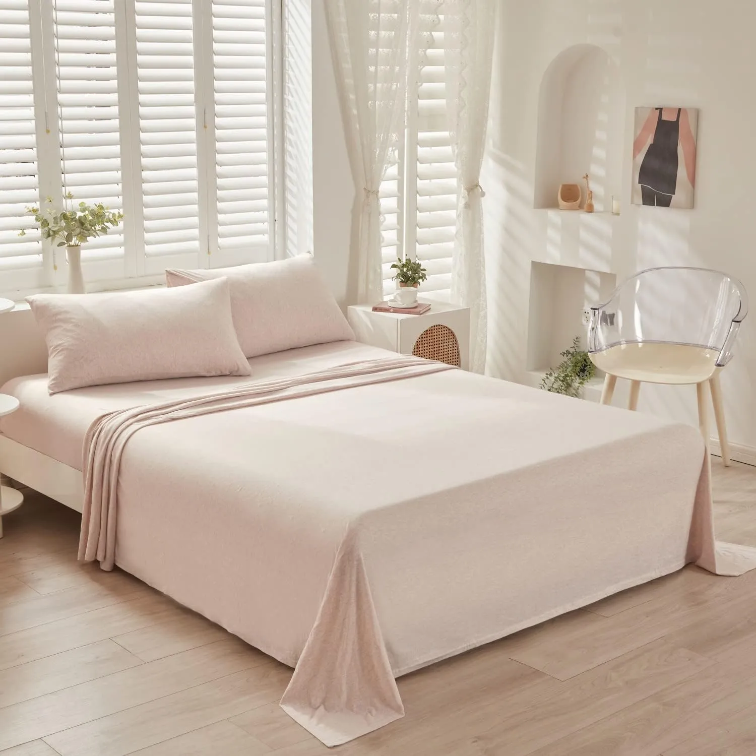 LIFETOWN 100% Jersey Knit Cotton Bed Sheet Ultra Soft T-Shirt Feel Bedding Sheet 1 Piece Flat Sheet Breathable Wrinkle-Free (Heathered Oatmeal Beige, Queen)