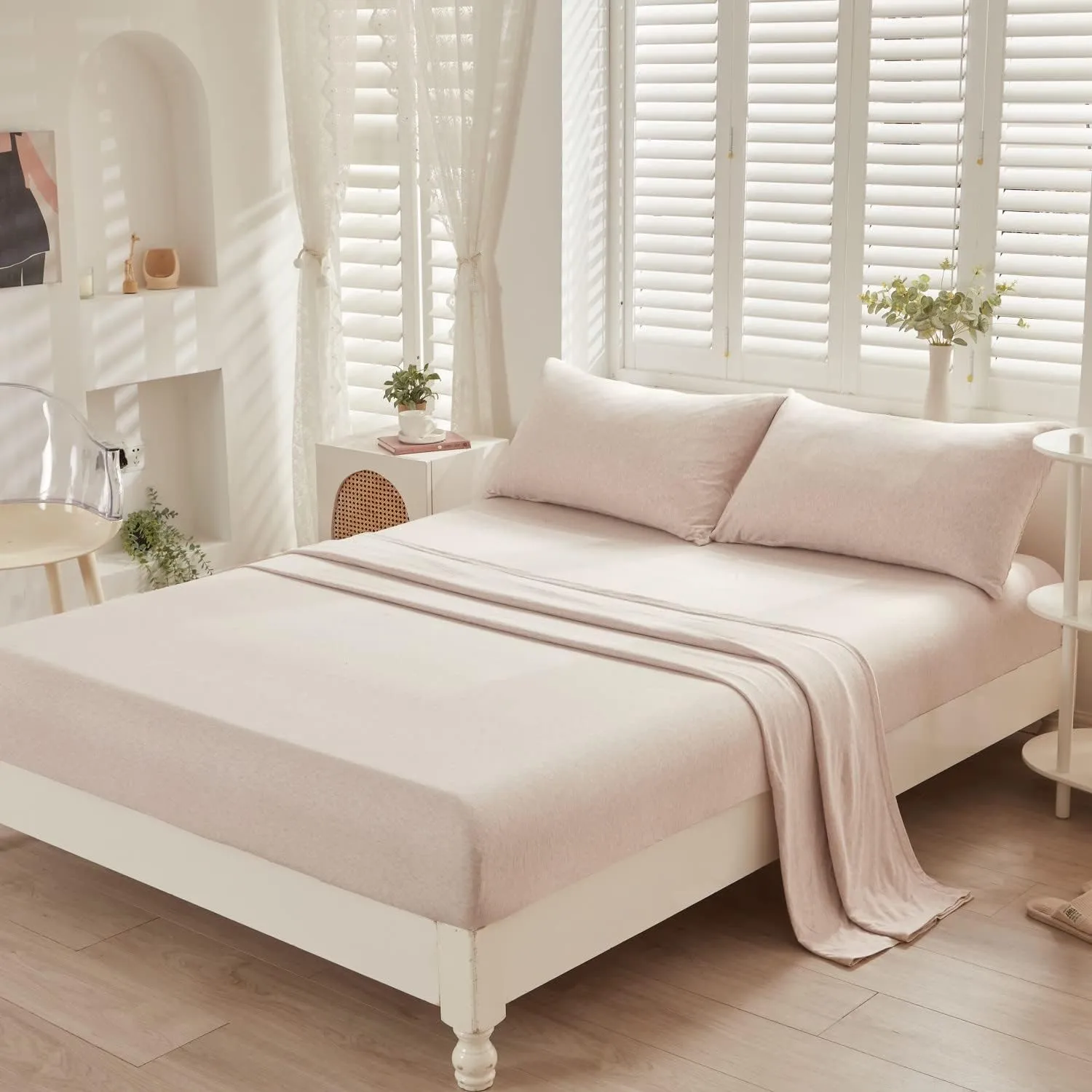 LIFETOWN 100% Jersey Knit Cotton Bed Sheet Ultra Soft T-Shirt Feel Bedding Sheet 1 Piece Flat Sheet Breathable Wrinkle-Free (Heathered Oatmeal Beige, Queen)