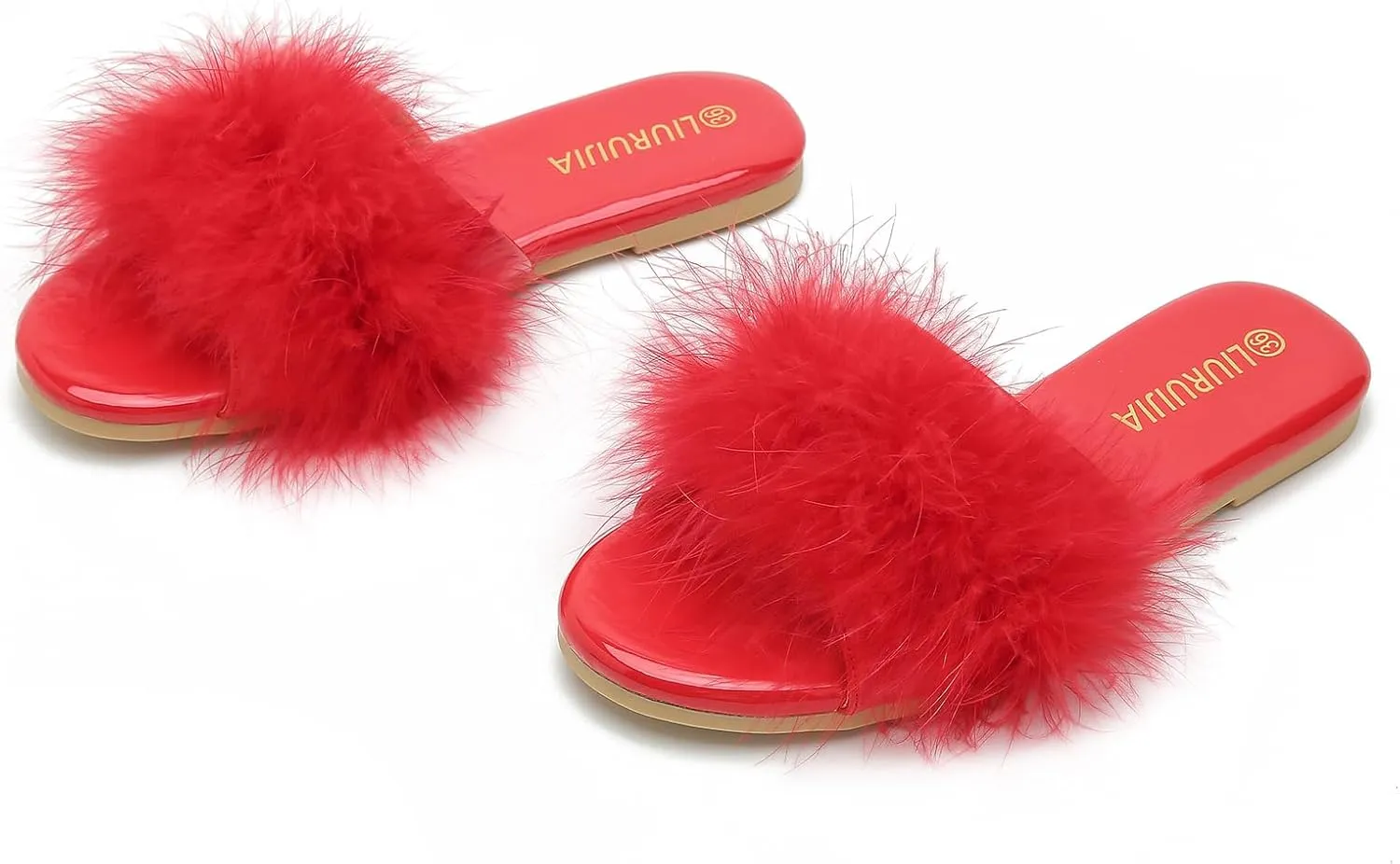 LIURUIJIA Women's Fluffy Feather Slippers Fur Slide Flat Sandals Cozy Slip On Stylish Summer Casual Party Indoor Outdoor Flats Shoes