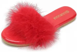 LIURUIJIA Women's Fluffy Feather Slippers Fur Slide Flat Sandals Cozy Slip On Stylish Summer Casual Party Indoor Outdoor Flats Shoes