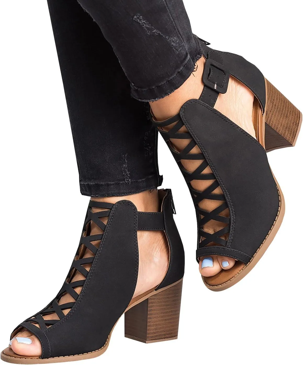 Liyuandian Womens Chunky Heel Open Toe Ankle Strap Zipper Back High Heel Sandals